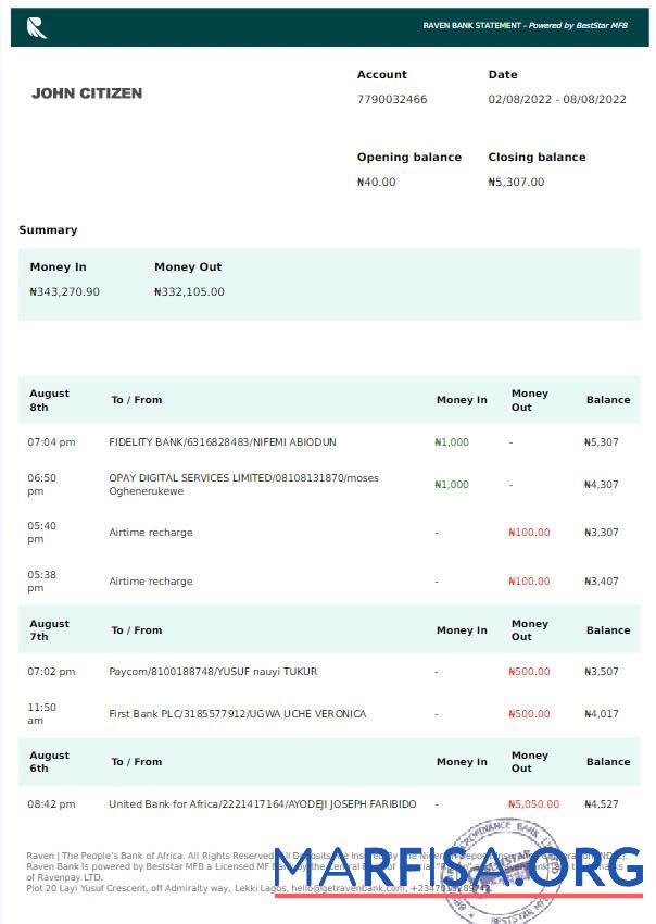 Printable Nigeria Raven bank statement word download for verification